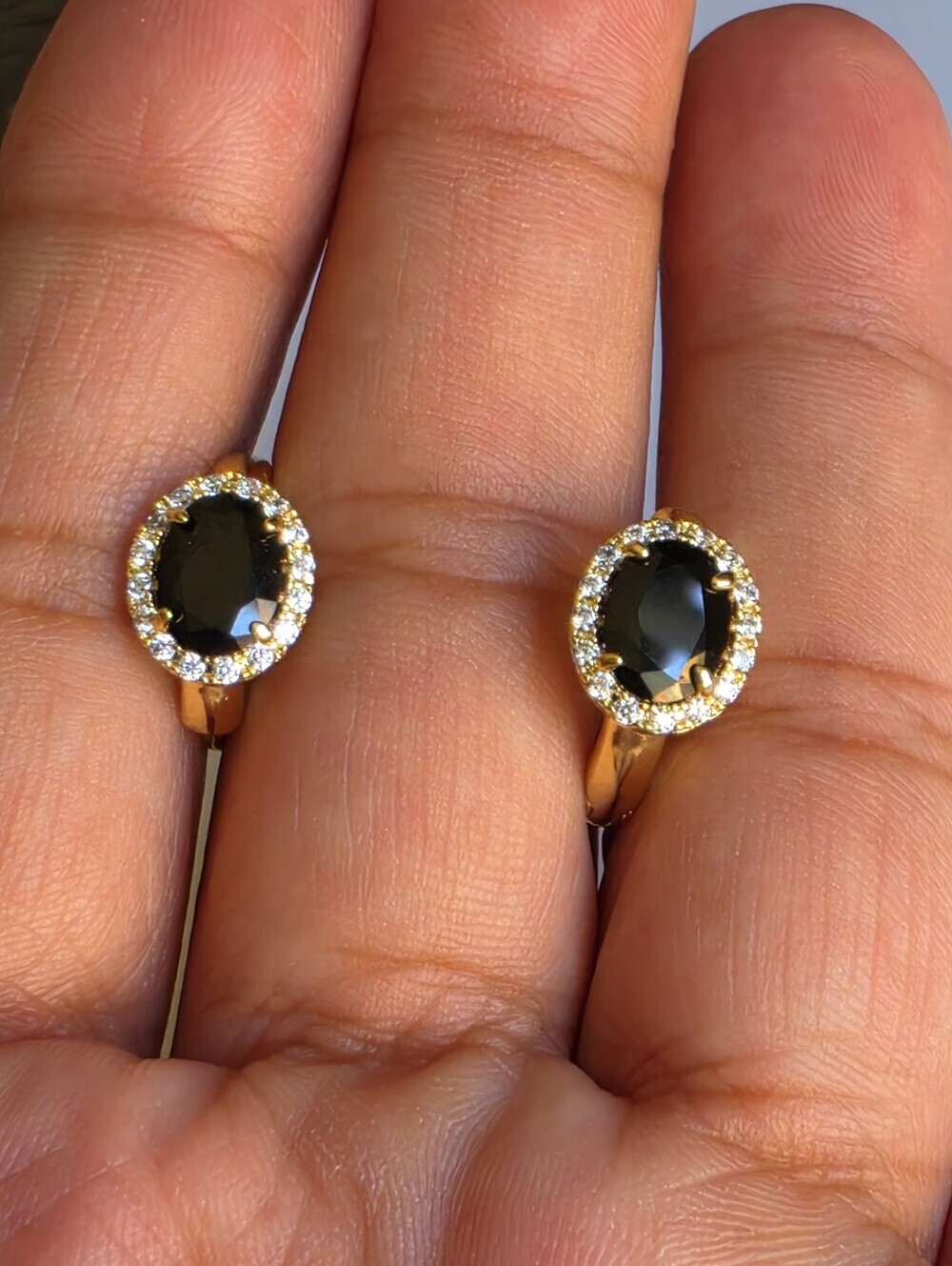 ✨ New Gold Plated Black Oval Stone CZ Halo Huggie Hoop Earrings Luxury